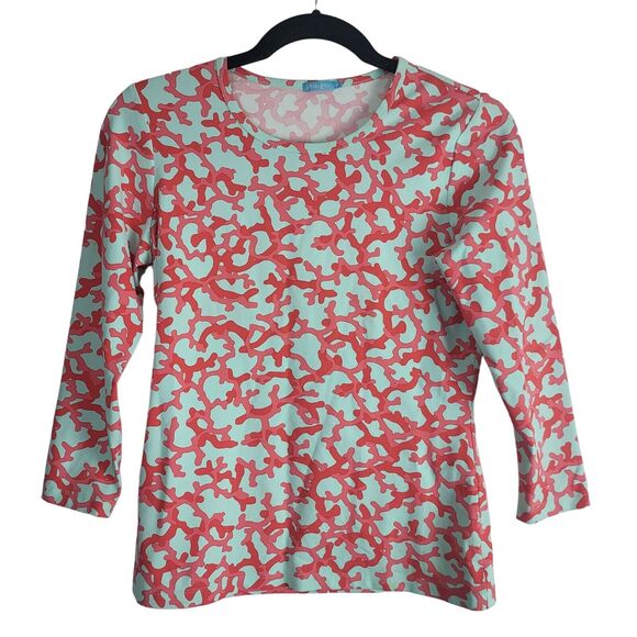 J. Mclaughlin Long Sleeve Top XS Womens Spandex Blend Light Blue Red Print - Picture 1 of 10